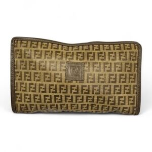 Fendi Zucca Monogram Canvas And Leather Zippered Cluch Bag In Camel And Brown